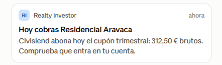 Notificación de la app Realty Investor: Hoy cobras Residencial Aravaca