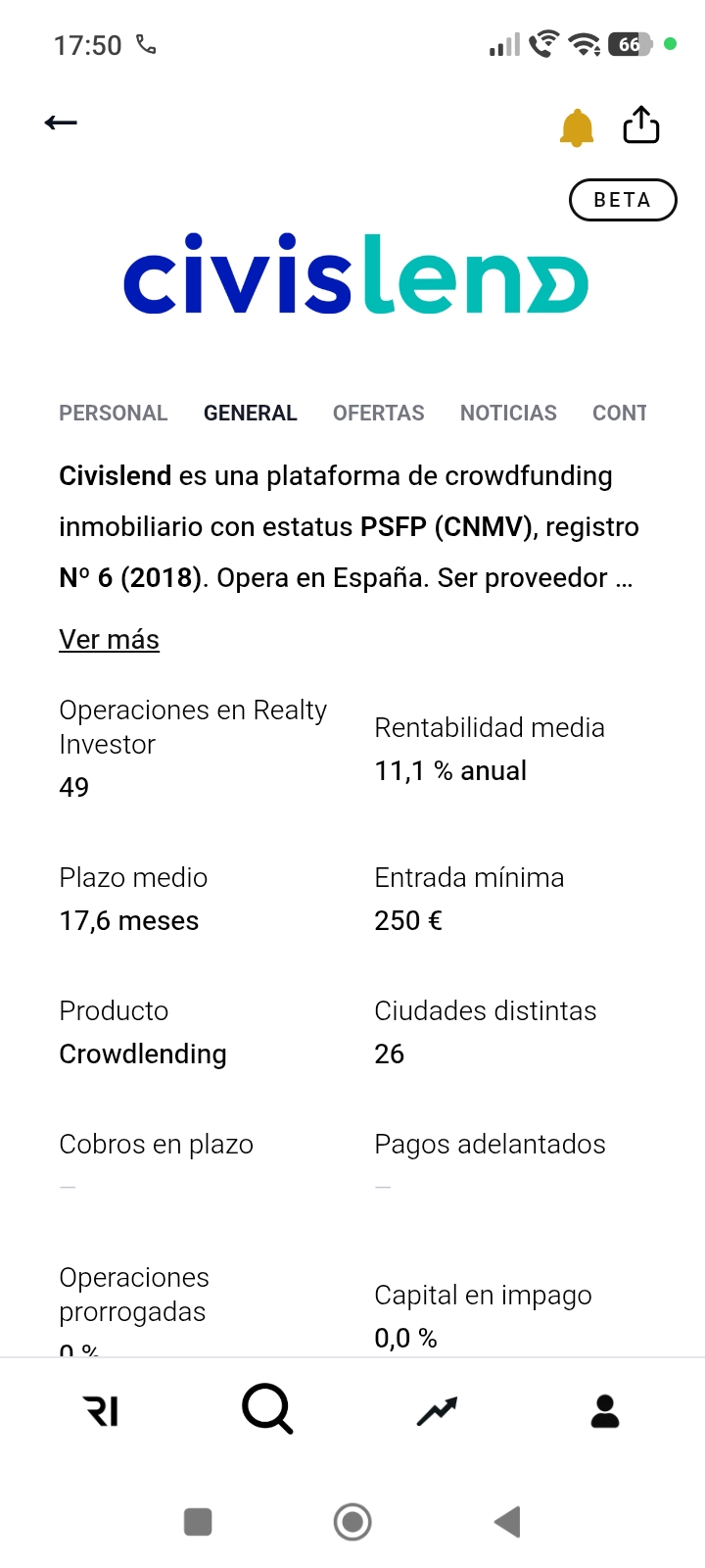 Ficha de la plataforma Civislend en la app Realty Investor, con sus indicadores